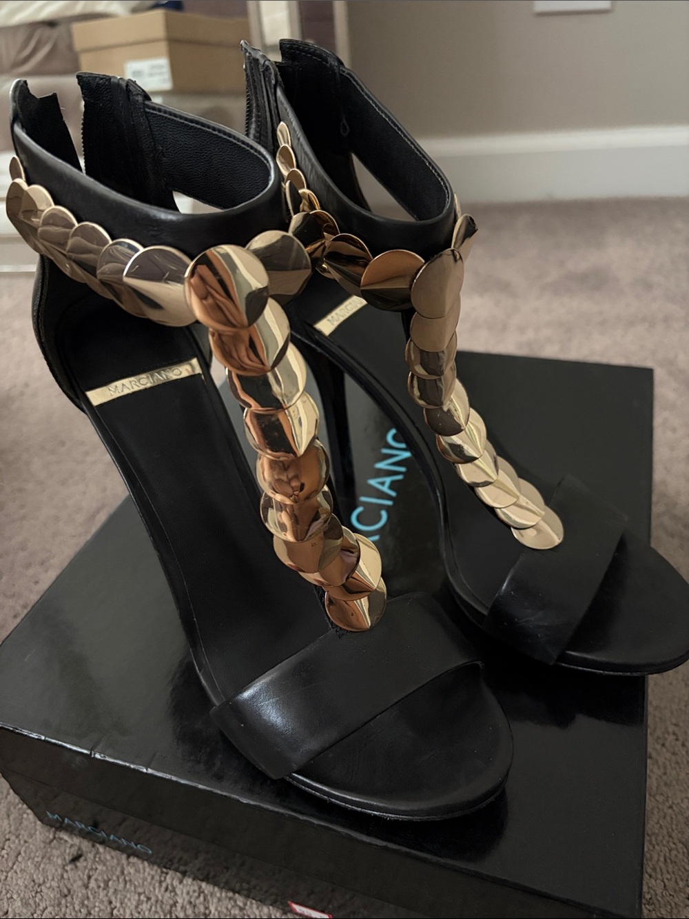 Marciano Black High Heel Sandals with Gold Chain Accent - Women Shoes size 8.5